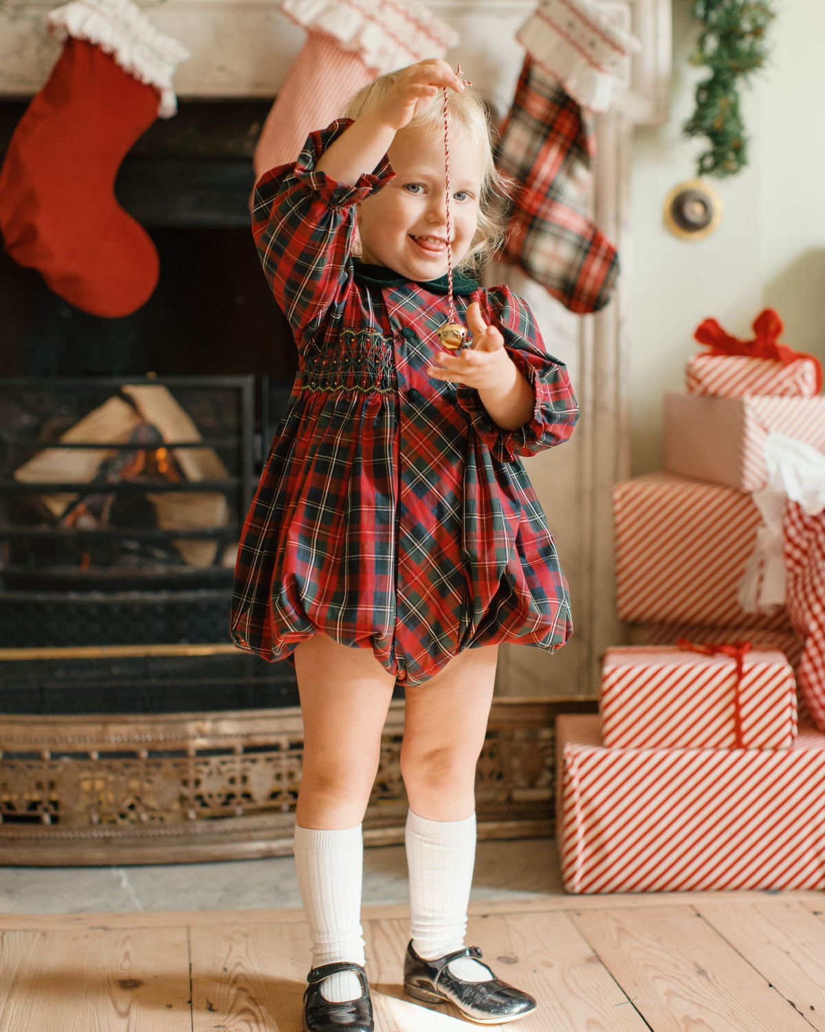 Thatcher Romper McDonald Tartan with Green and Glitter Hand Smocking