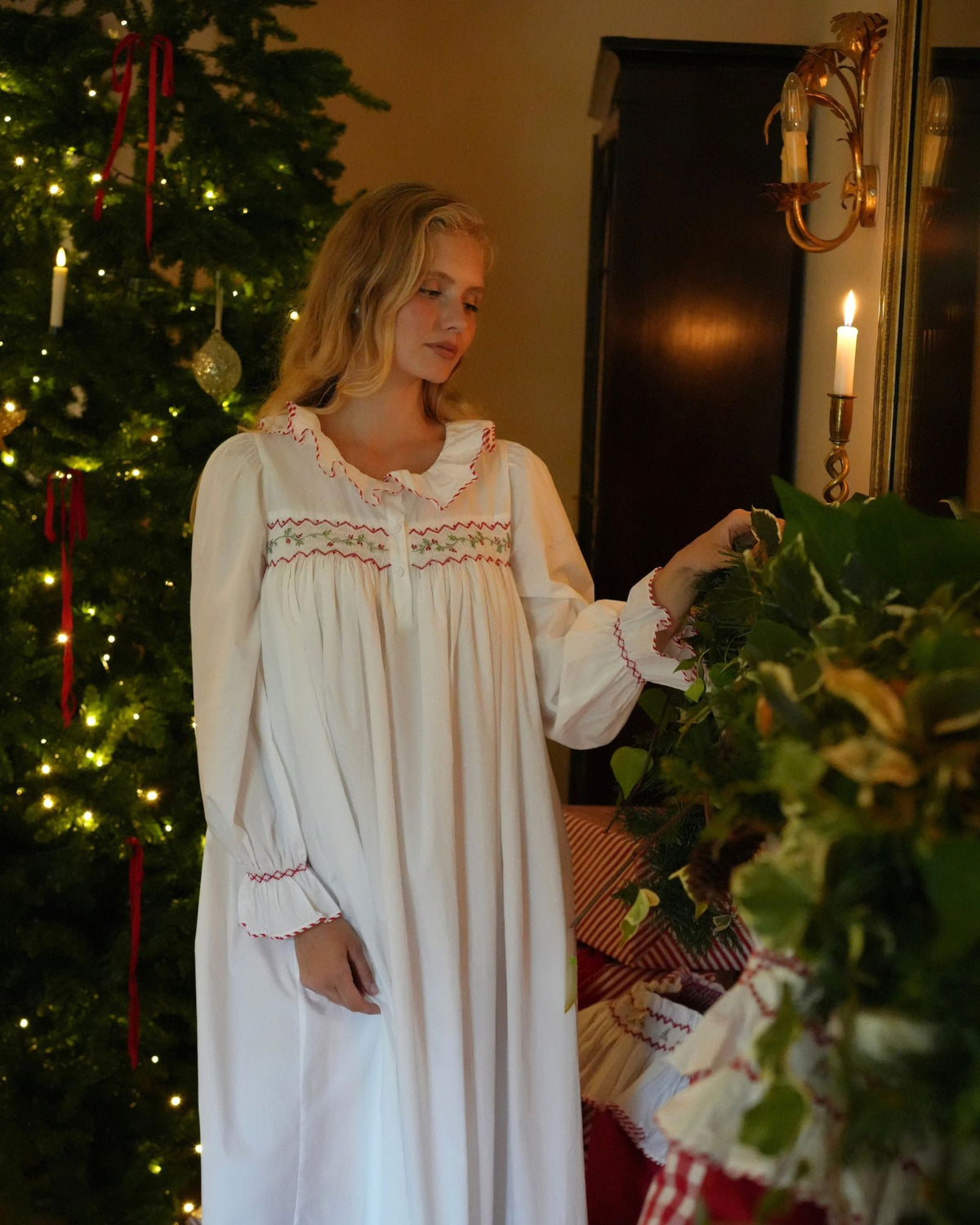 Nightingale Women's Dress with Candy Cane Piping and Christmas Garland Hand Smocking