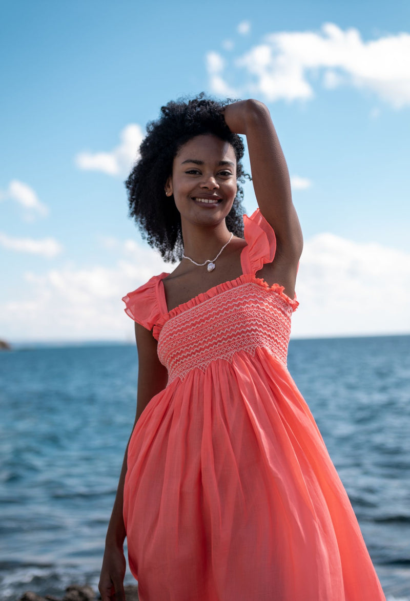 The Wallis Simpson Dress Coral Dreams Organdie with Chantilly Hand Smocking