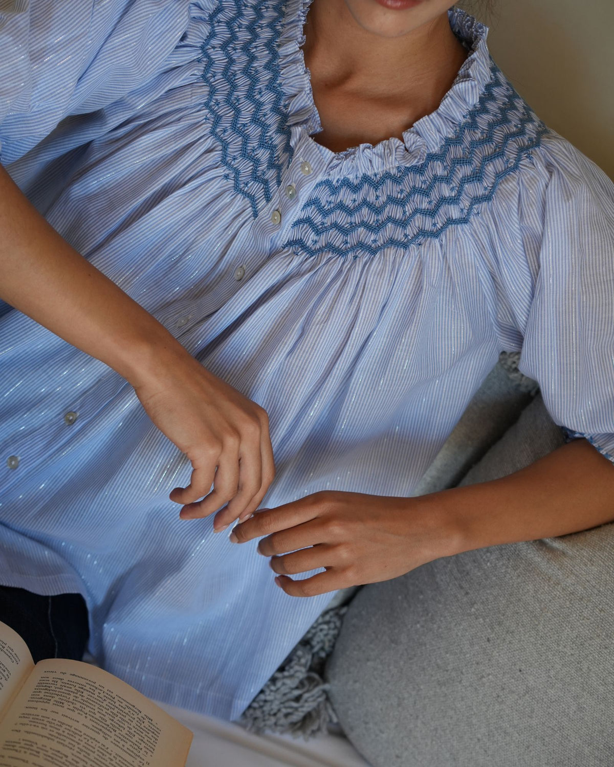 Cleopatra Blouse Silver Linings Stripe with Sapphire Hand Smocking Edition 52