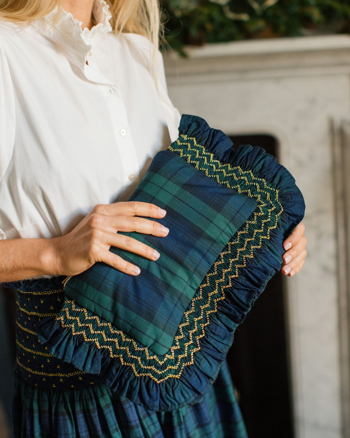 The Dolly Clutch Black Watch Tartan with Midnight Star Hand Smocking