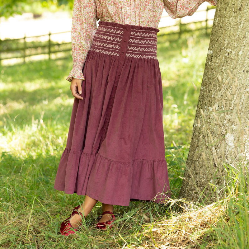 Sullivan Women's Skirt Mulberry Needlecord with Rosehip Hand Smocking