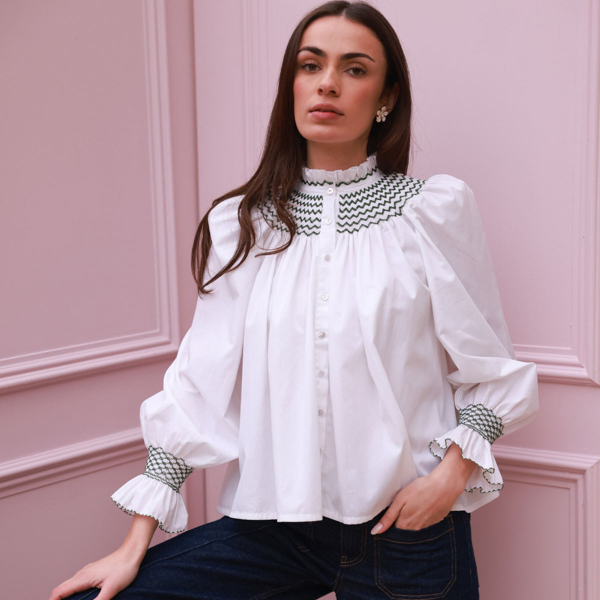 Scholl Women's Blouse White with Oak Leaf Hand Smocking Edition 55