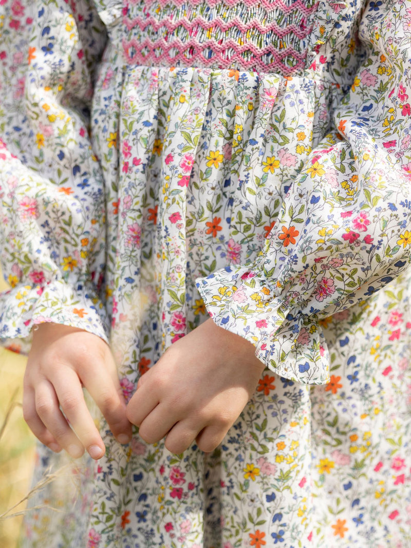 Anna Pavlova Dress Secret Garden Linen with Sweet William Hand Smocking