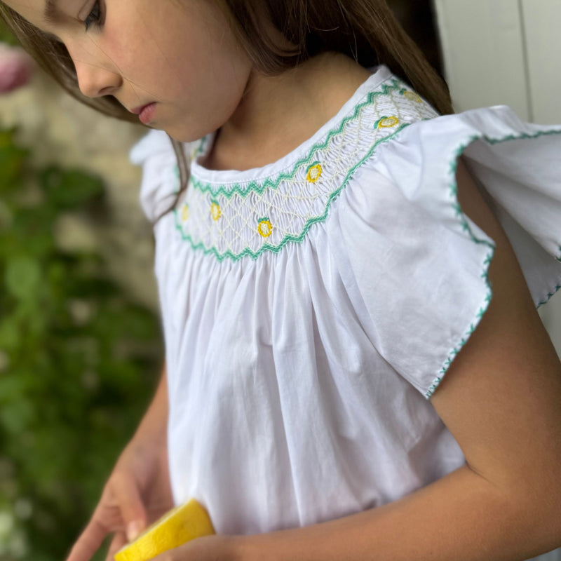 Rosalind Franklin Pyjamas Moonstone Cotton with Lemon Hand Smocking