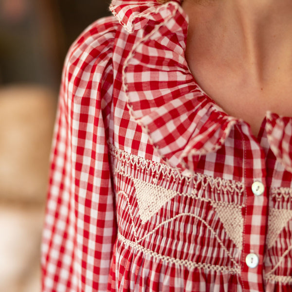 Nightingale Women's Dress Cranberry Gingham with Snow White Hand Smocking