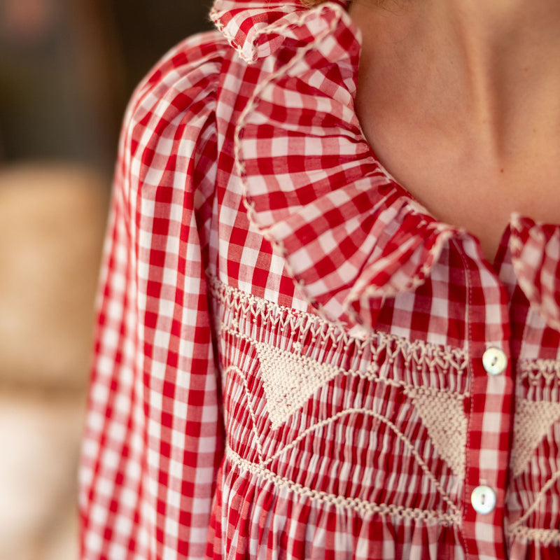 Nightingale Women's Dress Cranberry Gingham with Snow White Hand Smocking