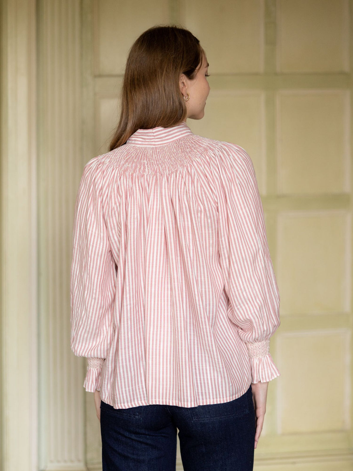 Small Burdett-Coutts Pussy Bow Blouse Cinnamon Stripe Cotton With Spiced Vanilla Smocking Edition 2