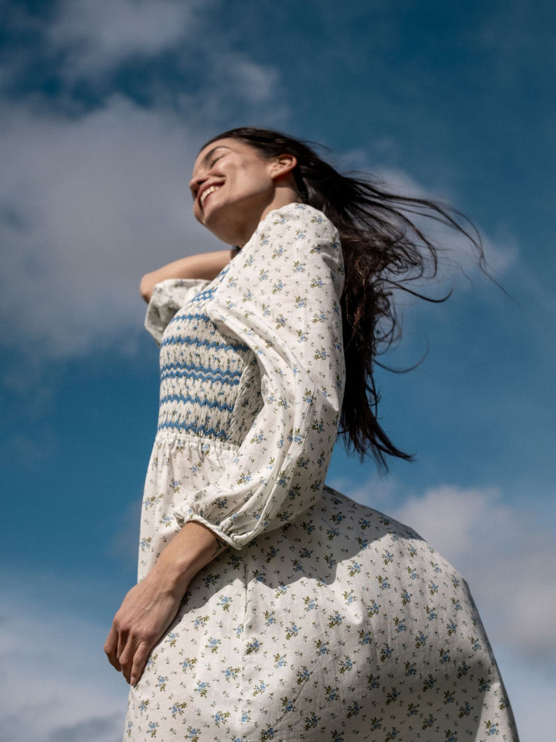 Emmeline Pankhurst Dress Brunnera Blooms with Forget Me Not Hand Smocking