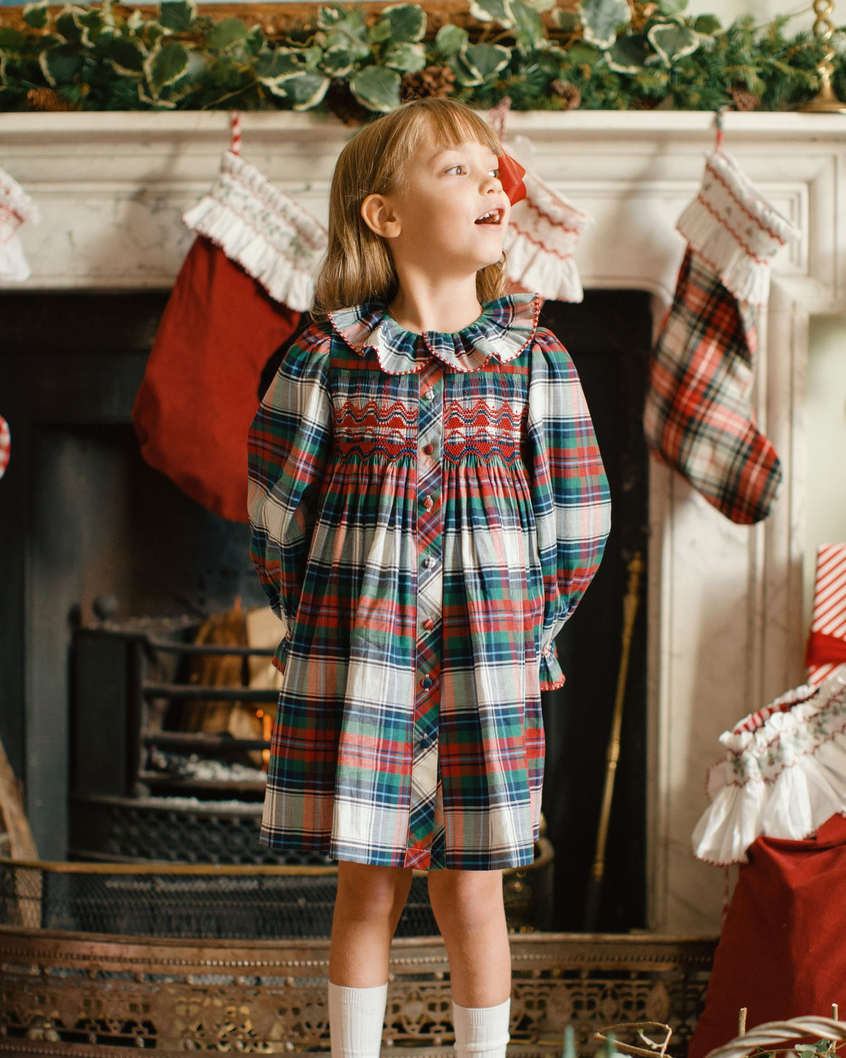Elizabeth Blackwell Dress MacBeth Tartan with Holly Berry Hand Smocking