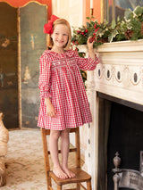 Nightingale Girl's Dress Cranberry Gingham with Snow White Hand Smocking