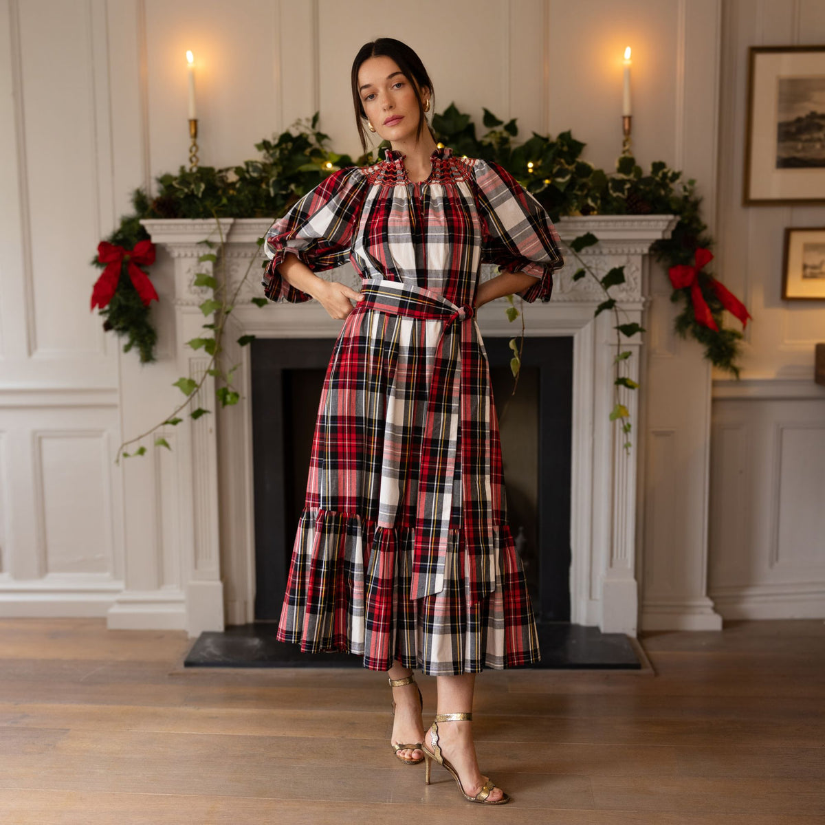 S/M Colette Dress Royal Tartan with Sleigh Bell Hand Smocking