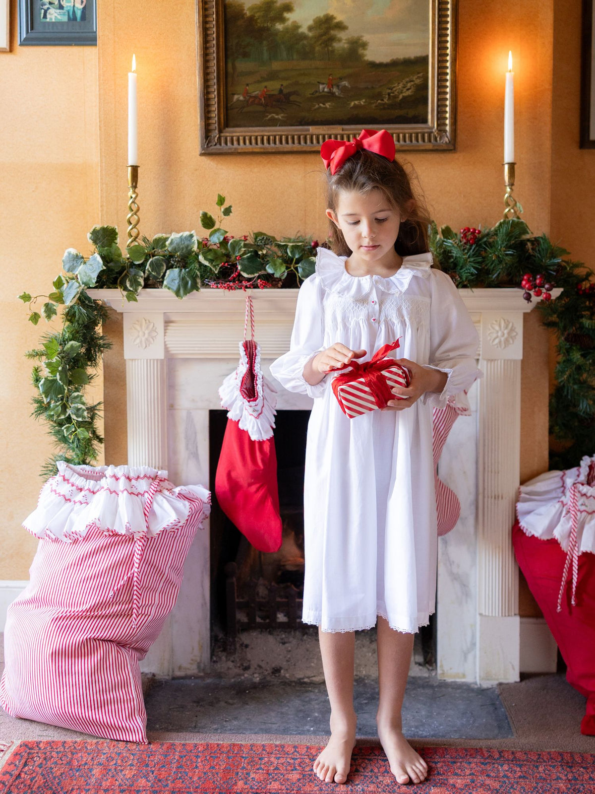 3-4 & 4-6y Nightingale Girl's Dress Moonstone Cotton with Lattice Smocking and Embroidered Heart Buttons