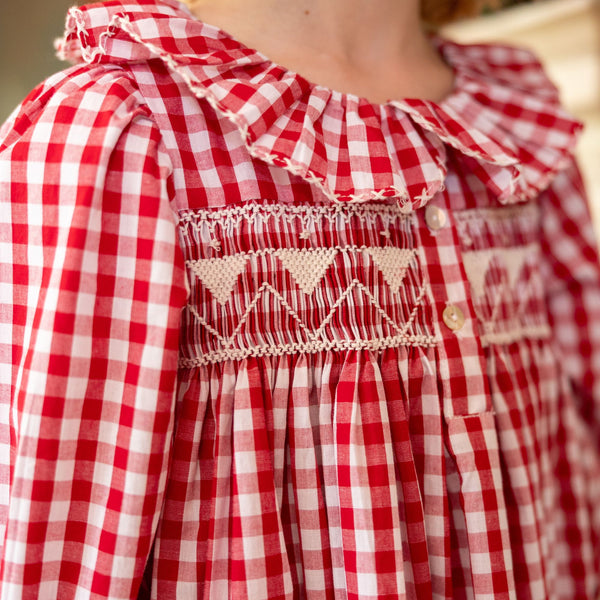 Nightingale Girl's Dress Cranberry Gingham with Snow White Hand Smocking