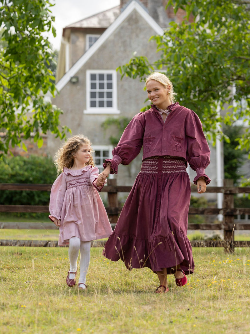 Katherine Johnson Dress Dusty Rose Linen with Mulberry Bow Hand Smocking