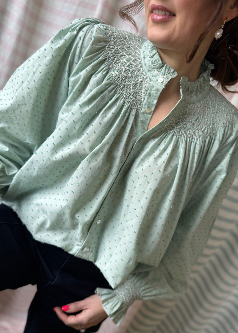 Scholl Blouse Aqua Plumetti with Mallow Hand Smocking Edition 37