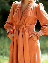 Colette Women's Dress Butterscotch Needlecord with Full Moon Hand Smocking