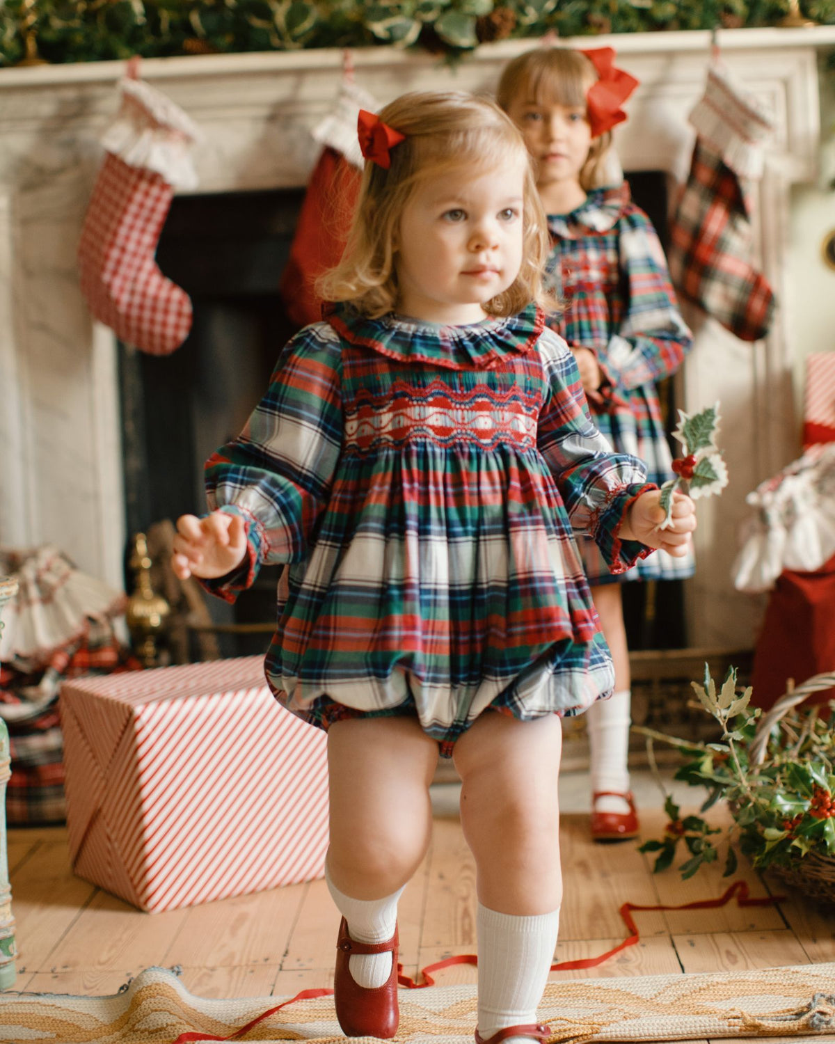 Austen Romper Macbeth Tartan with Holly Berry Hand Smocking