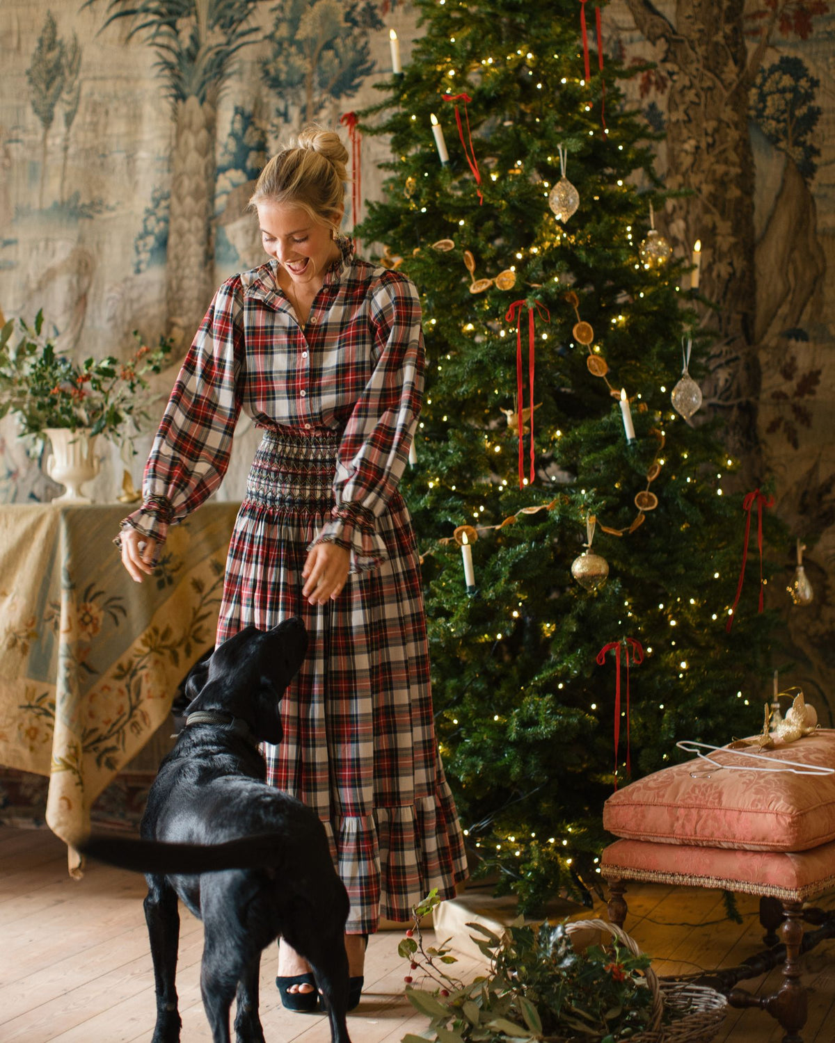 Sullivan Women's Skirt Royal Tartan with Black Gold Hand Smocking