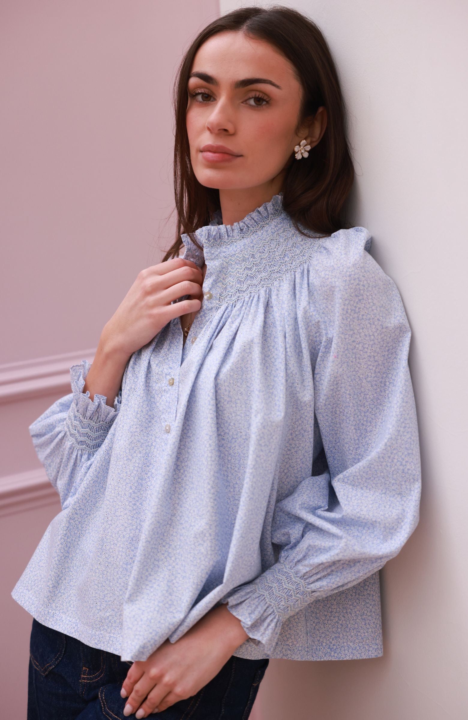 Scholl Blouse Periwinkle Ditsy with Blue Mist Hand Smocking Edition 63