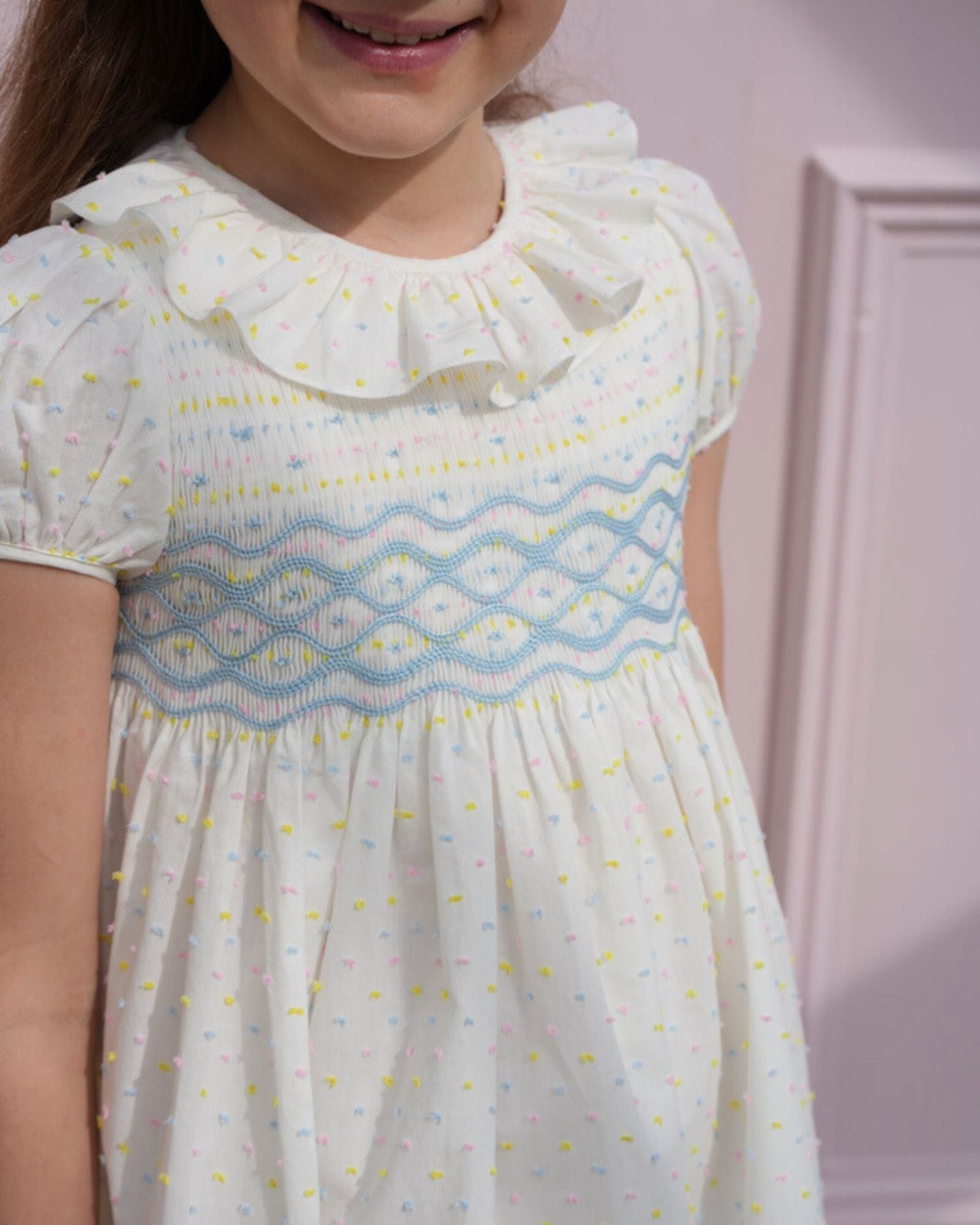 Katherine Johnson Dress Pastel Plumetti with Baby Blue Hand Smocking