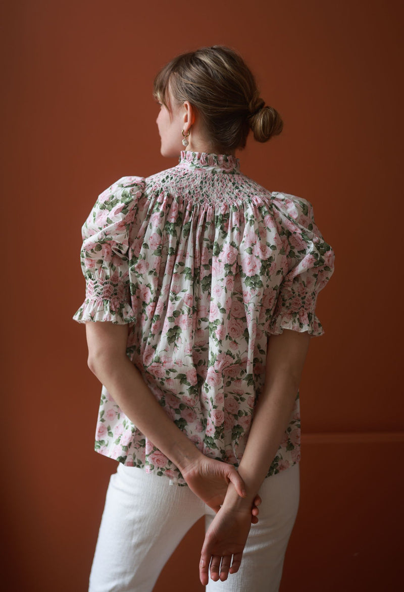 Scholl Short Sleeve Blouse with Generous Gardener Hand Smocking Made with Liberty Carmine Rose Pink Edition 41