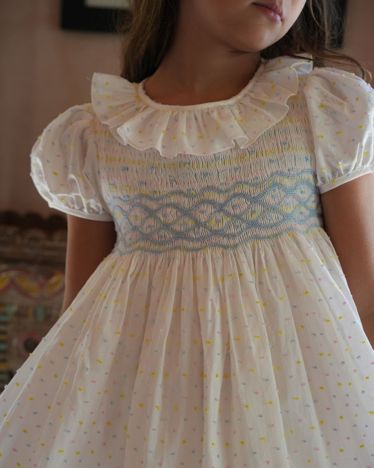 Katherine Johnson Dress Pastel Plumetti with Baby Blue Hand Smocking