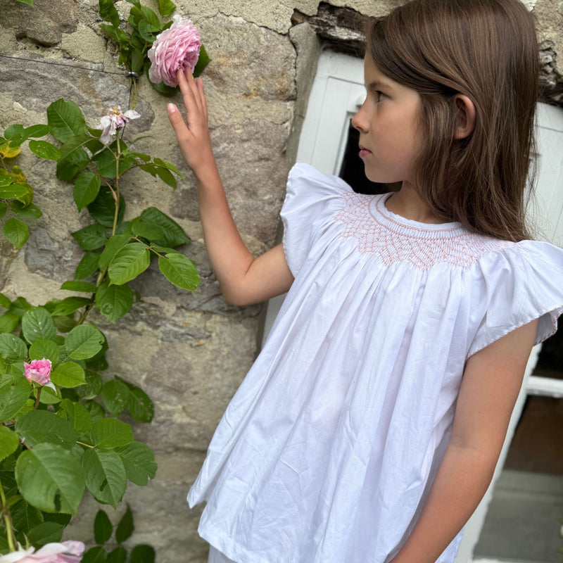 Rosalind Franklin Pyjamas Moonstone Cotton with Seashell Lattice Hand Smocking