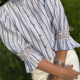 Shelley Blouse Blue Monday Stripe Linen with Paradise Fish Hand Smocking Edition 12
