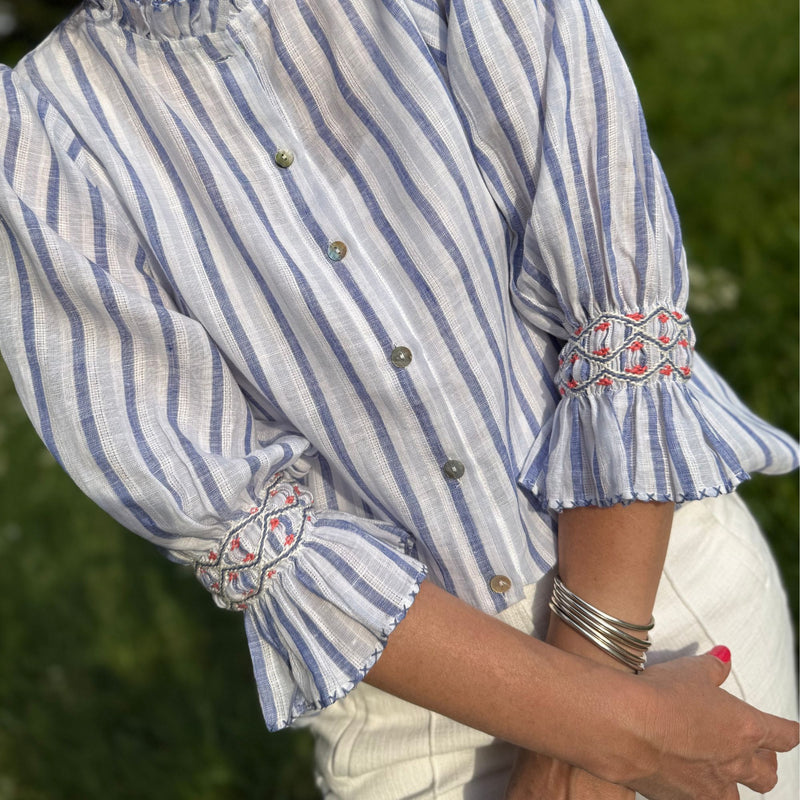 Shelley Blouse Blue Monday Stripe Linen with Paradise Fish Hand Smocking Edition 12