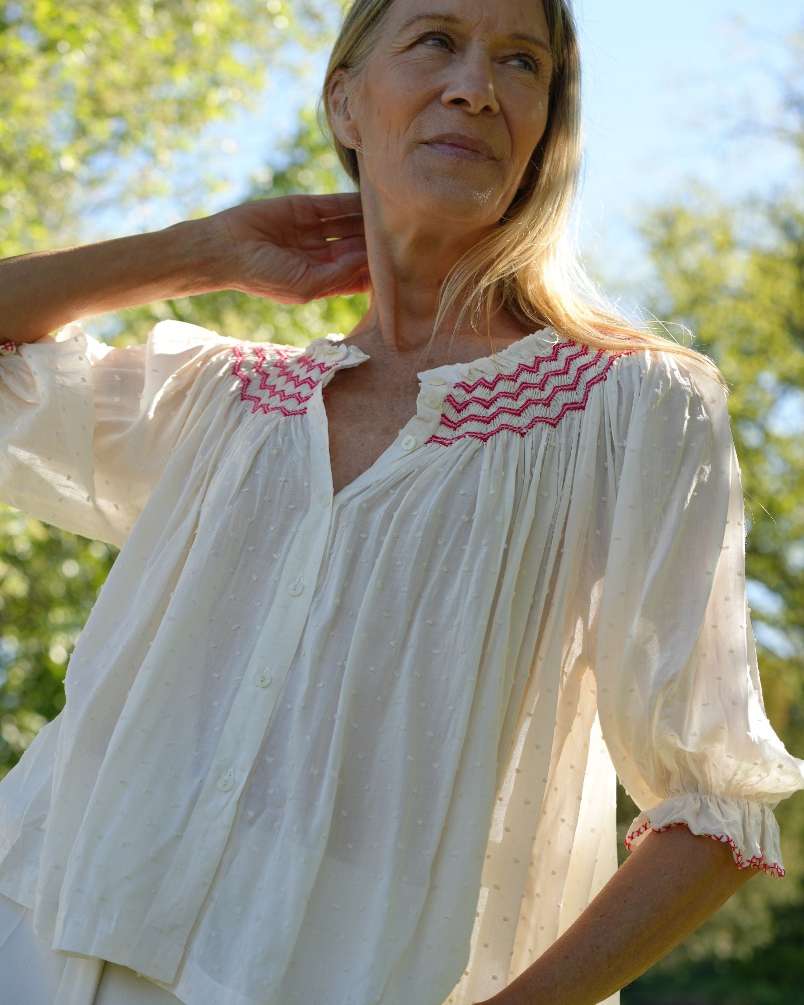 Cleopatra Blouse Cotton Puff Plumetti with Hearts on Fire Hand Smocking Edition 44