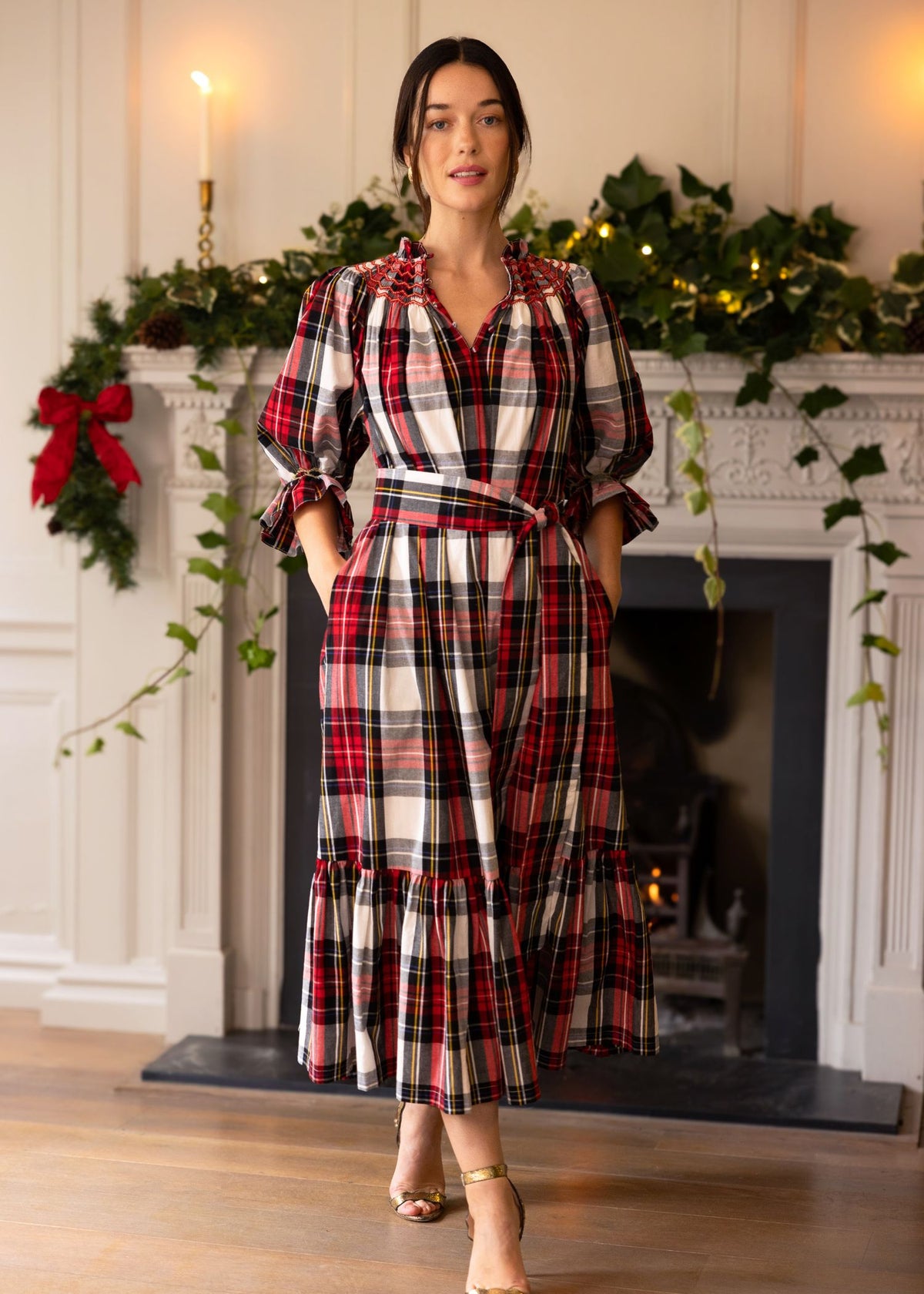 S/M Colette Dress Royal Tartan with Sleigh Bell Hand Smocking