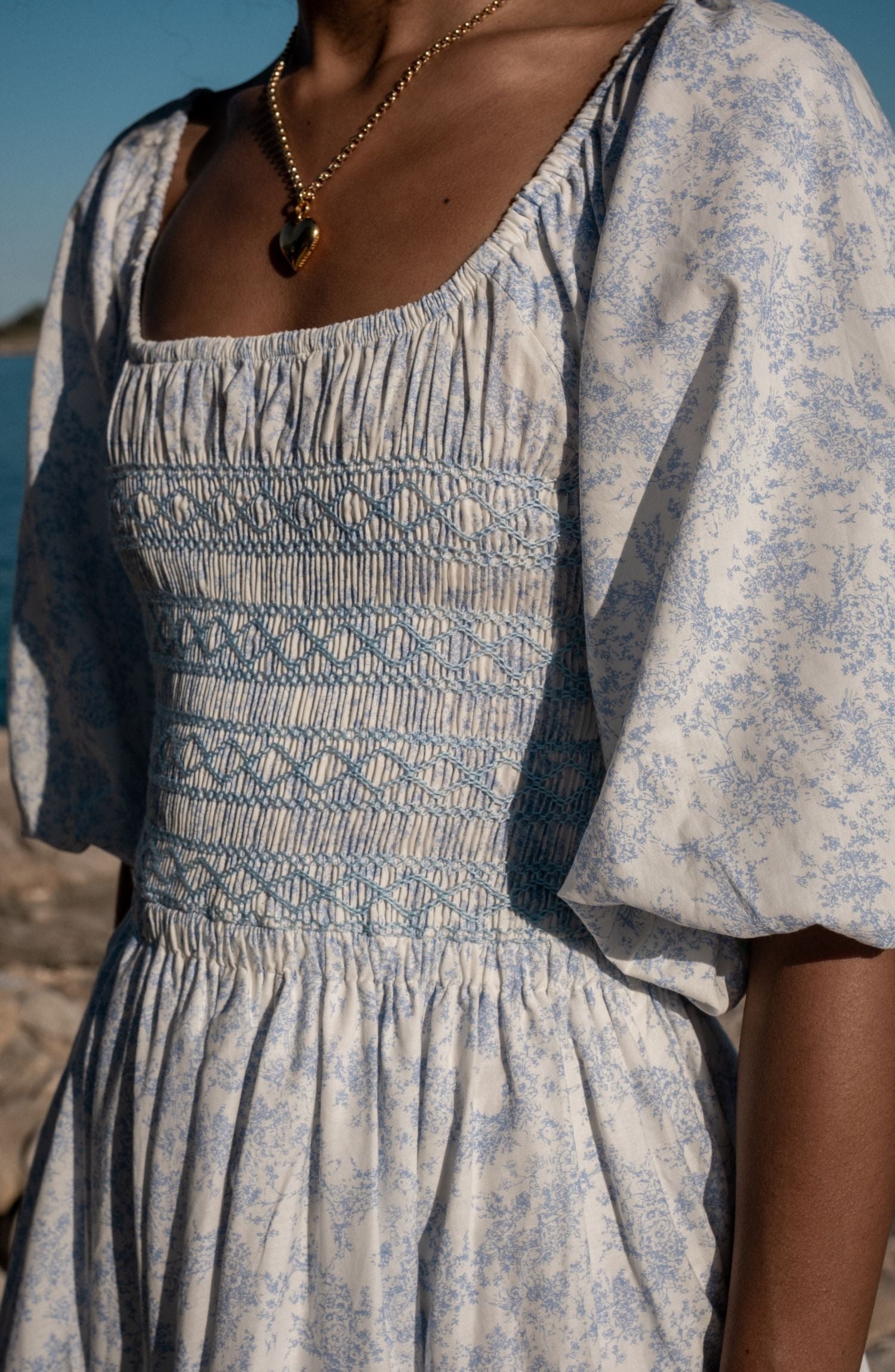 My Mulberry House x Smock London Scarlett Dress Toile des Champs with Delphinium Hand Smocking