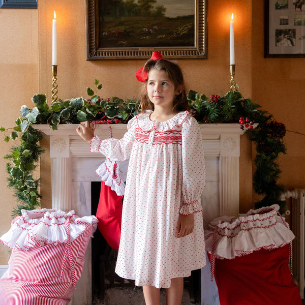 Nightingale Girl's Dress Red Berry Plumetti with Stacked Waves Hand Smocking
