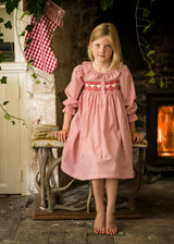 1-2 & 2-3y Samantha Varvel x Smock London Nightingale Girl's Dress Gingerbread Stripes with Snow Heart Hand Smocking