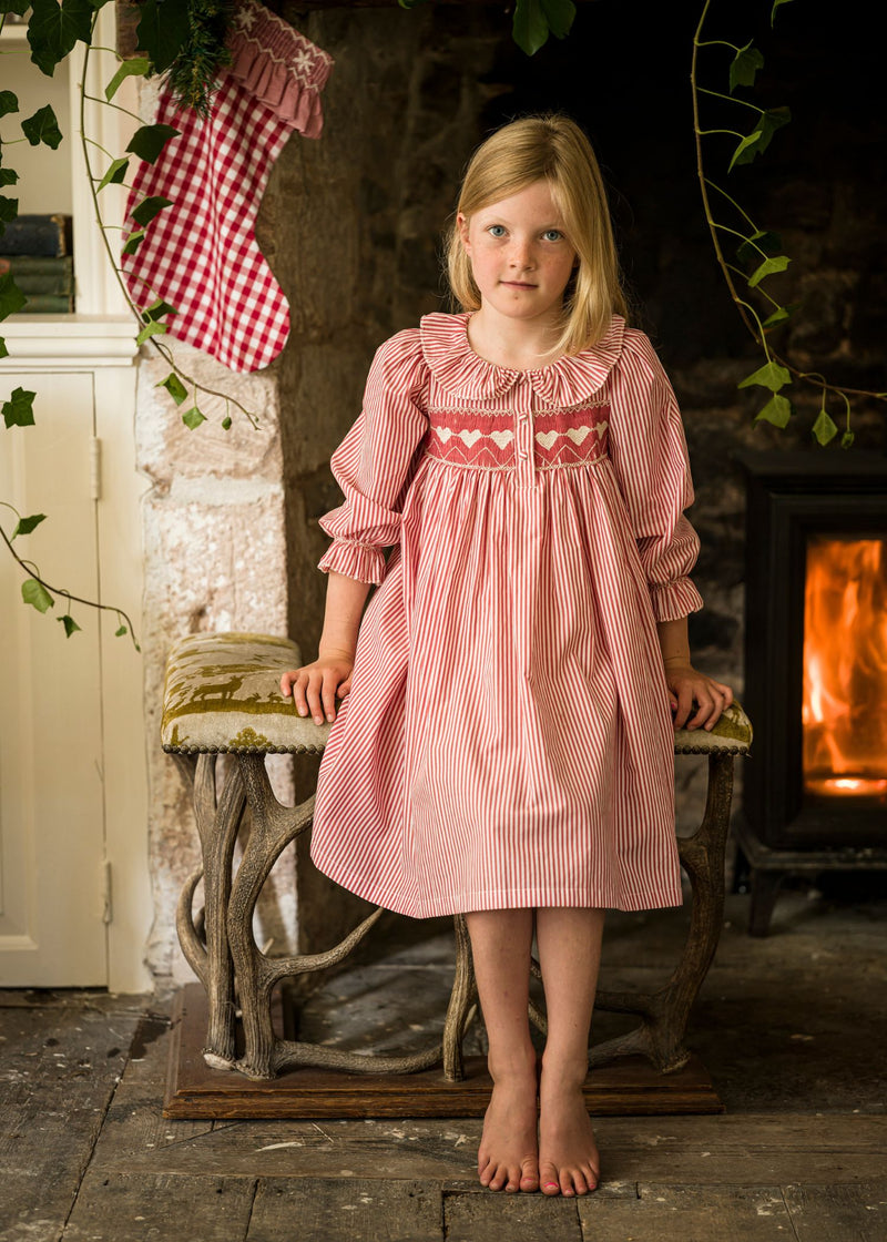 1-2 & 2-3y Samantha Varvel x Smock London Nightingale Girl's Dress Gingerbread Stripes with Snow Heart Hand Smocking