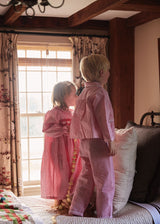 Samantha Varvel x Smock London Lilly Parr Pyjamas Gingerbread Stripes with Snow Trim and Hand Smocking