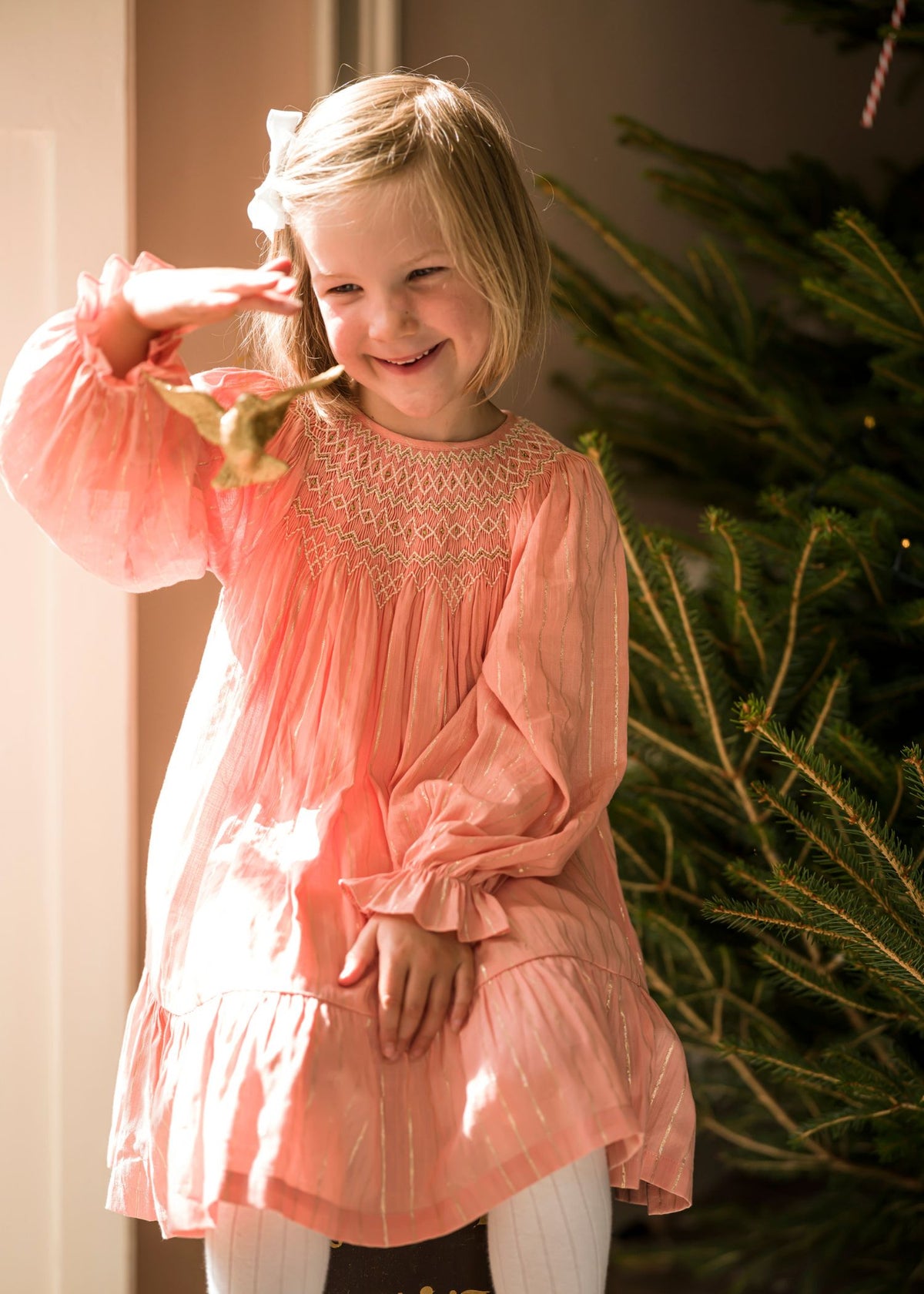 4-6y Hannah Szenez Dress Golden Girl Stripe with Opalescent Hand Smocking