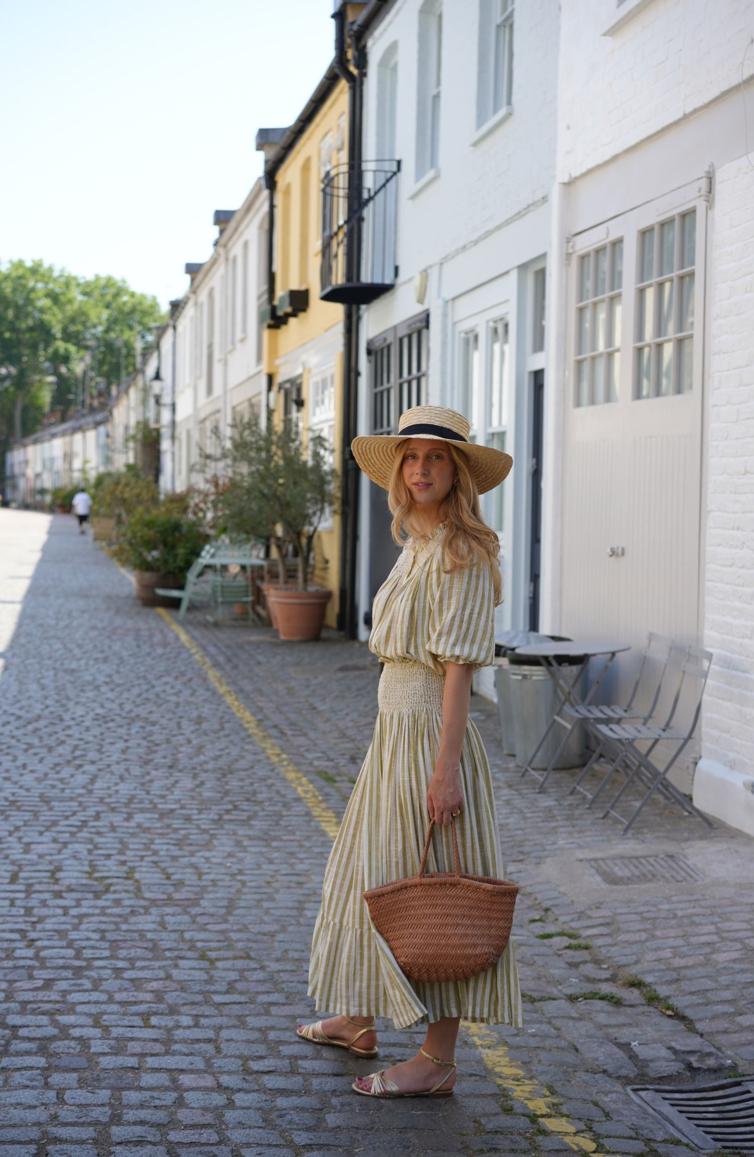 Domenica Marland x Smock London Sullivan Skirt Pistachio Stripes with Ecru Hand Smocking