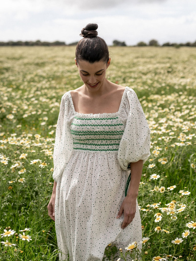 Josefine Butler Dress Frobscottle Spot with Cool as a Cucumber Hand Smocking