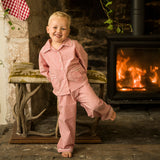 Samantha Varvel x Smock London Lilly Parr Pyjamas Gingerbread Stripes with Snow Trim and Hand Smocking