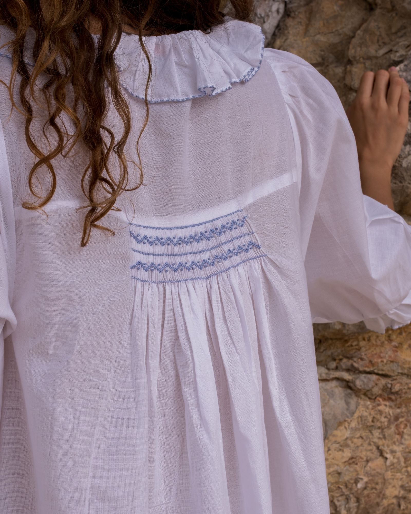 Bessie Coleman Women's Dress Moonstone Cotton with Cornflower Hand Smocking