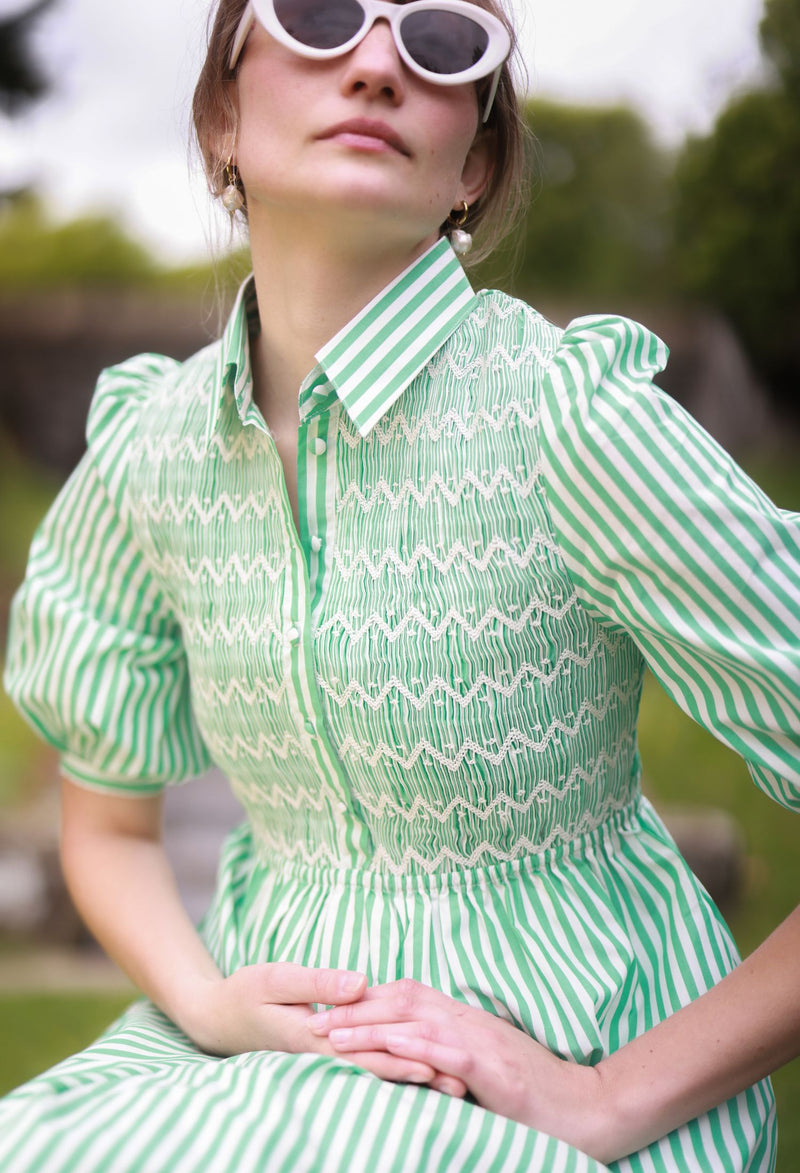 Victoria Woodhull Dress Green Goddess Stripe with Chantilly Hand Smocking