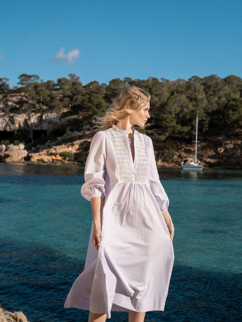 Junko Tabei Dress Lavender Haze with Lemon Sprinkles Hand Smocking