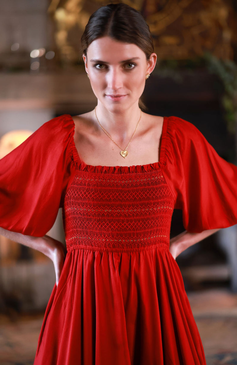 Ella Fitzgerald Women's Dress Crimson Silk-Cotton with Sleigh Bell Hand Smocking