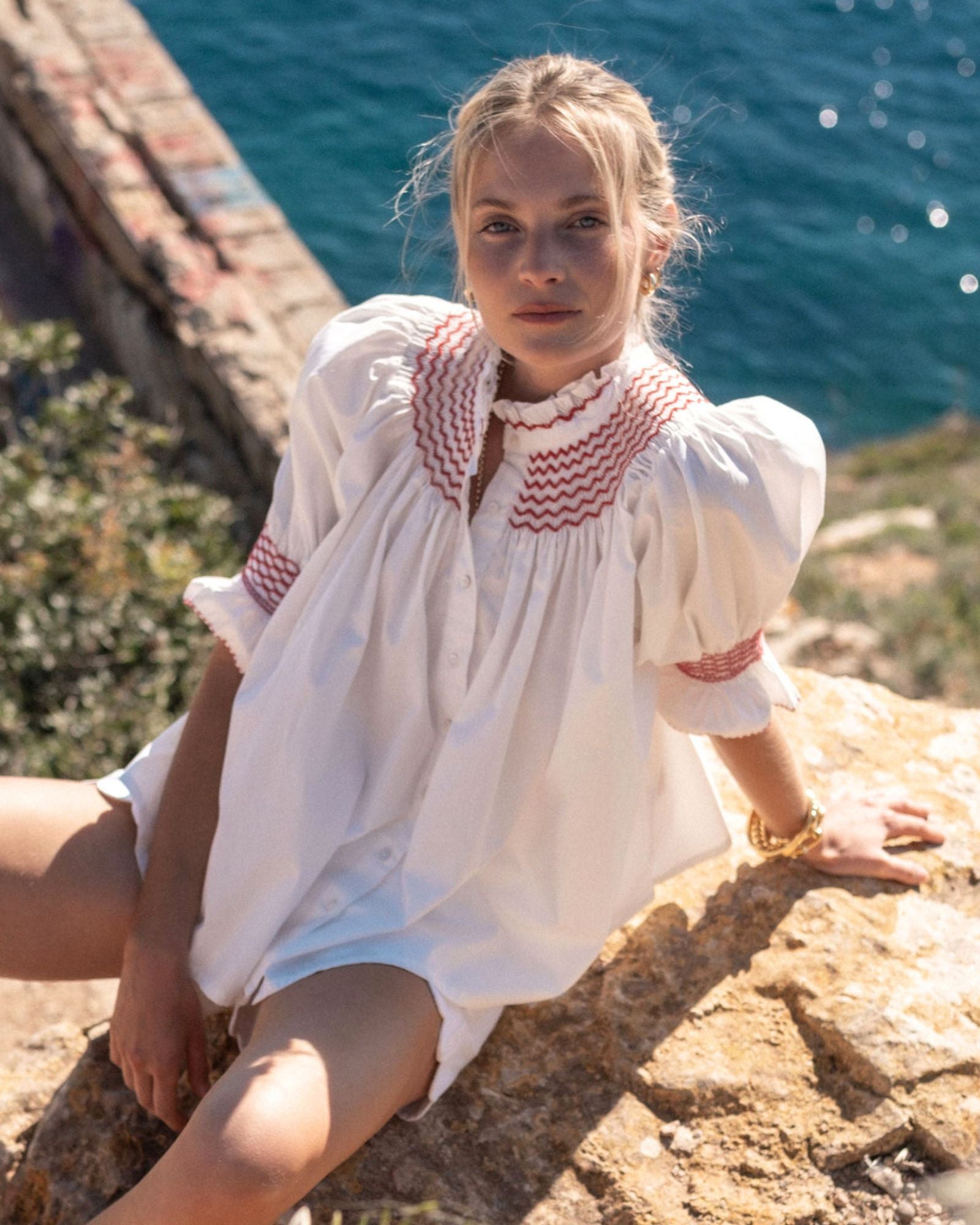 Scholl Women's Summer Blouse White with Pillar Box Red Hand Smocking