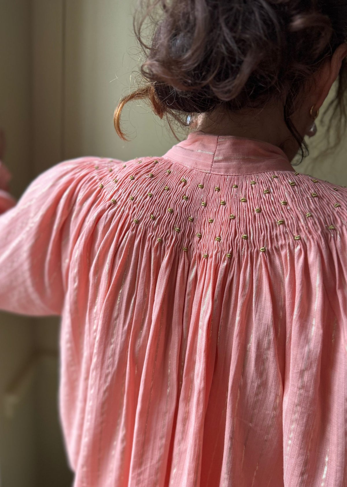 Large Burdett Coutts Pussy Bow Blouse Golden Girl Stripe with End of the Rainbow Hand Smocking Edition 1