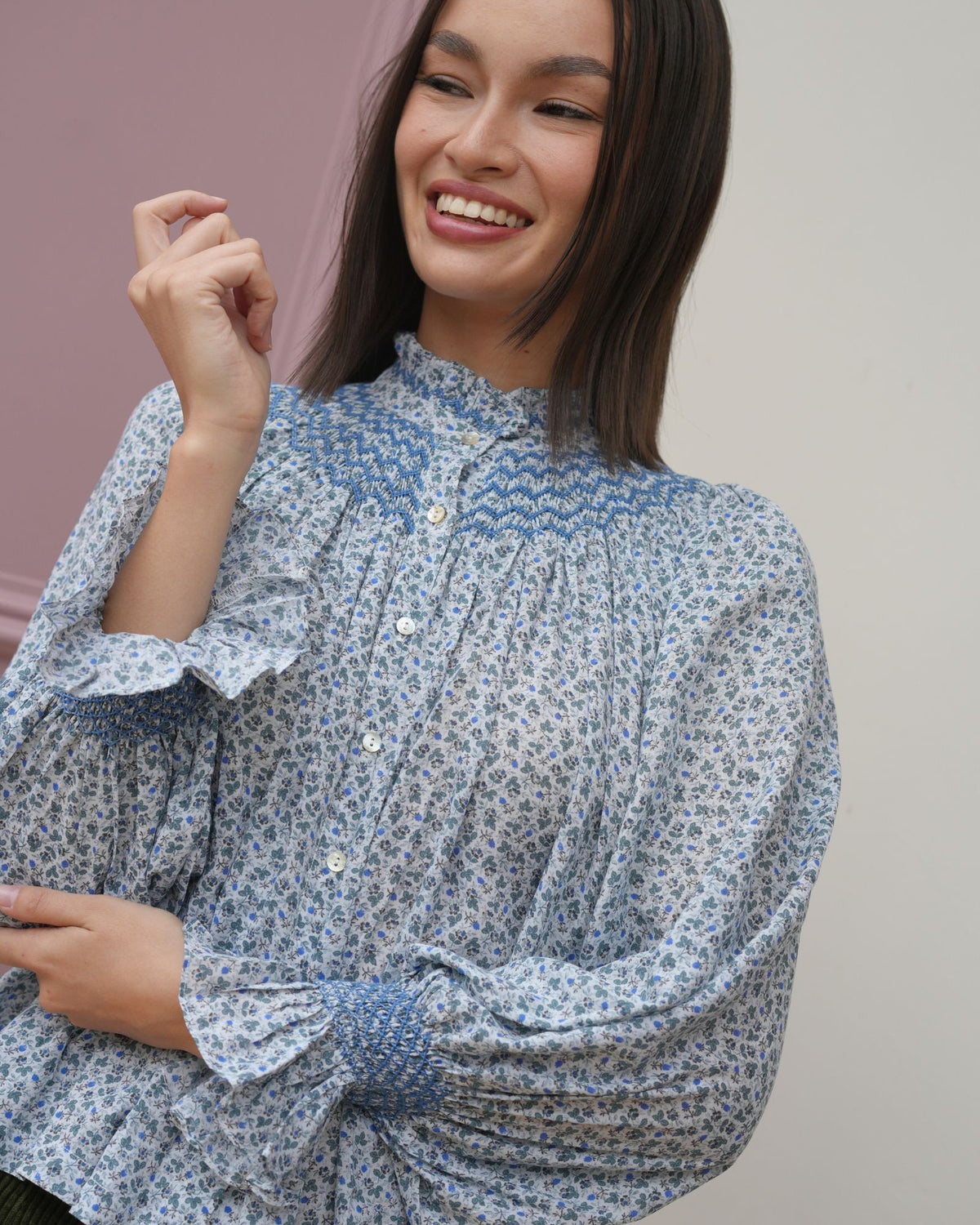 Scholl Blouse Cornflower Meadow Cotton Lawn with Periwinkle Hand Smocking Edition 78