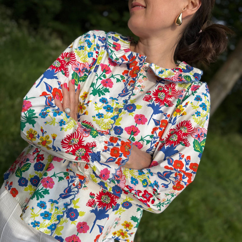 De Beauvoir Blouse Midsummer Flowers with Deep Blue embroidery