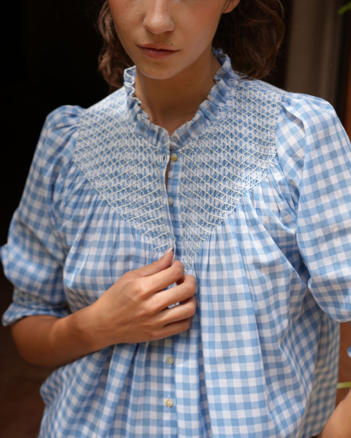 Rosa Parks Blouse Cornflower Gingham with Paper White Hand Smocking Edition 10